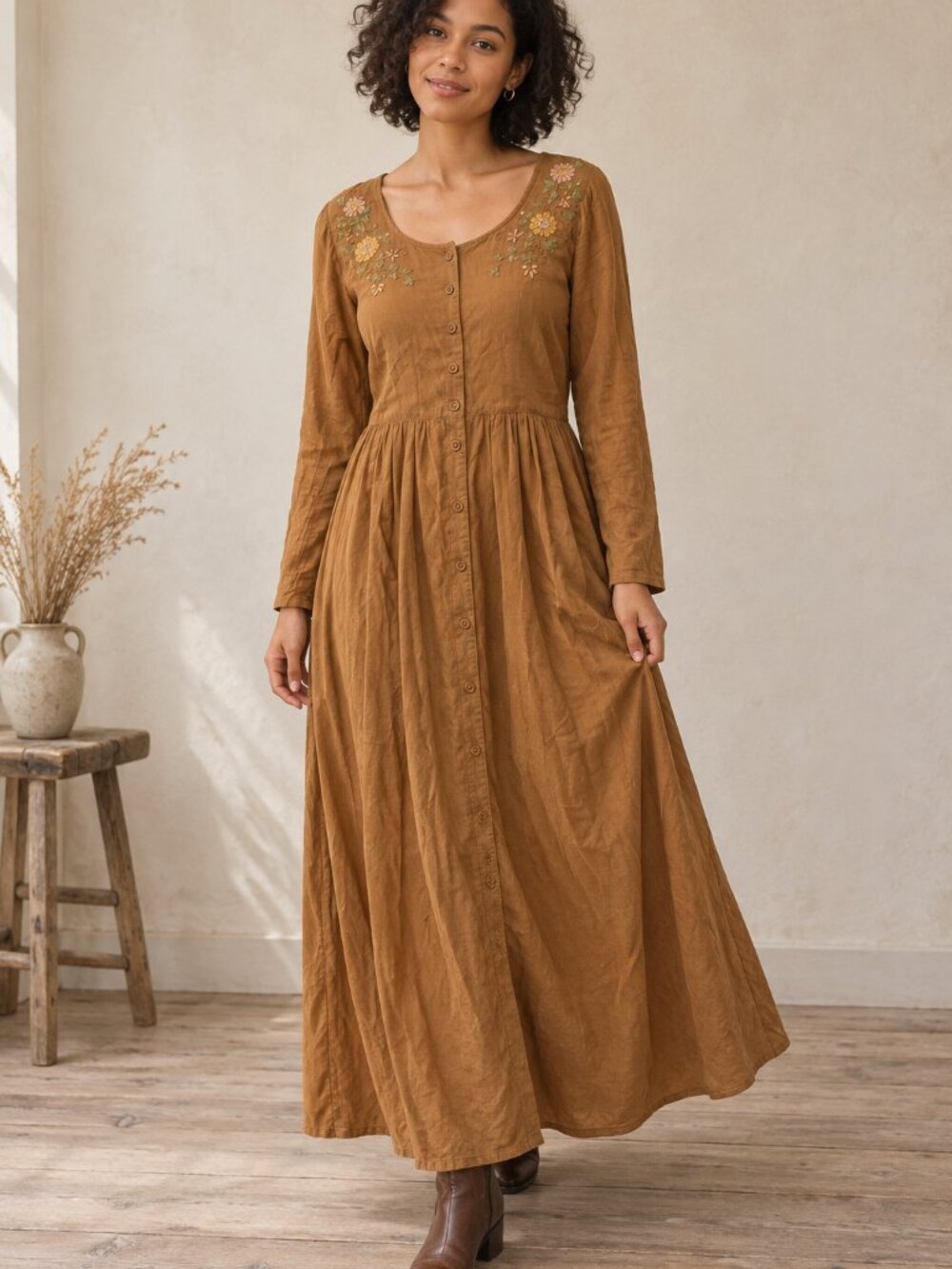 April Cornell Celeste Dress Camel Brown Embroidered Maxi Large Cotton